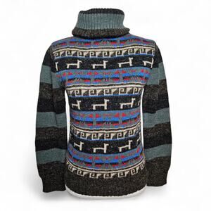 Womens Llama Pattern Peruvian Fair Isle Geometric Turtleneck Wool Sweater Sz S